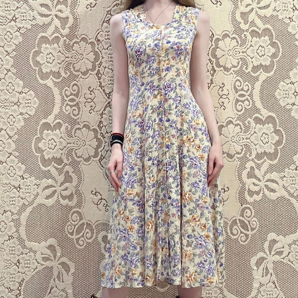70s Vintage Cottagecore Floral Midi Button-down A-line Cream 100% Rayon Dress
